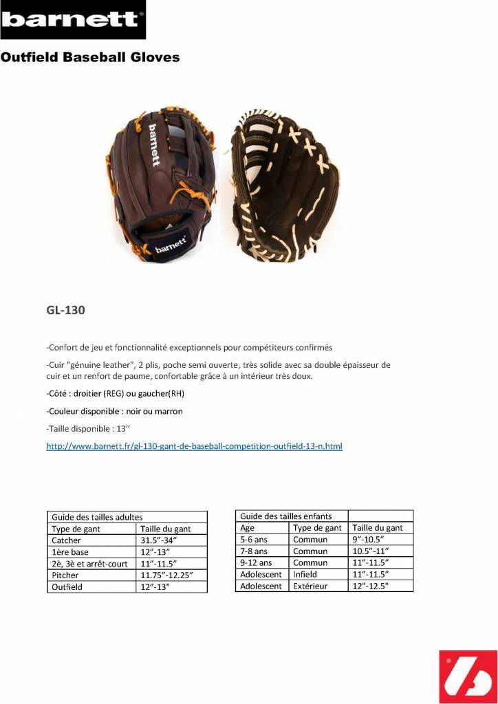 GL-130 Baseboll Handske, Läder, 13 (inch) Outfield, Brun