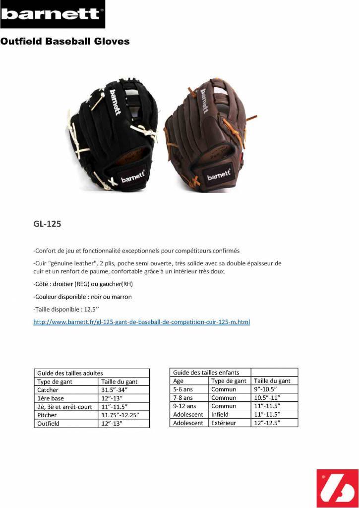 GL-125 Baseboll Handske, Läder, 12,5 (inch) Outfield, Svart